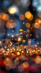 Create an image of a beautiful flower field with a small house in the middle. Make the flowers look like they are glowing in the sunlight. Add some light bokeh in the background.