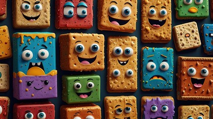 Fototapeta premium Crisply detailed cookie displaying a range of cute expressions and humorous faces in a lively vector illustration 