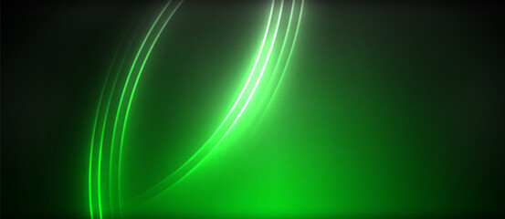 Neon glowing circle rays, light round lines in the dark, planet style neon wave lines. Energetic electric concept design for wallpaper, banner, background