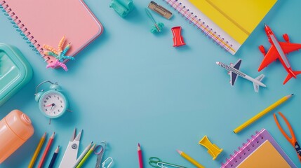 Colorful school and office supplies scattered on vibrant blue background, creating a cheerful and organized workspace for students or professionals.