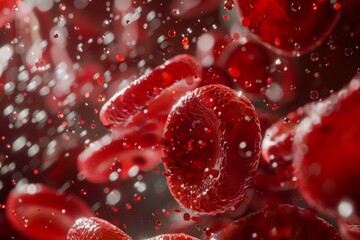 Macro photograph of red blood cells circulating through blood vessels, vital for sustaining life and metabolic processes.