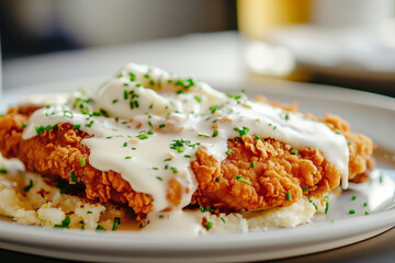Close-up of chicken fried steak with white gravy on a plate