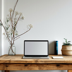 Stylish workplace with laptop. Front view of laptop screen. Mockup design. Generated AI