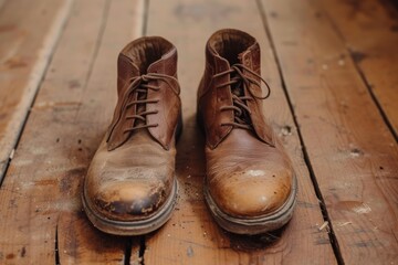 Pair of dirty leather shoes on wooden floor. Damaged boots. Poverty and poorness concept. Generated AI