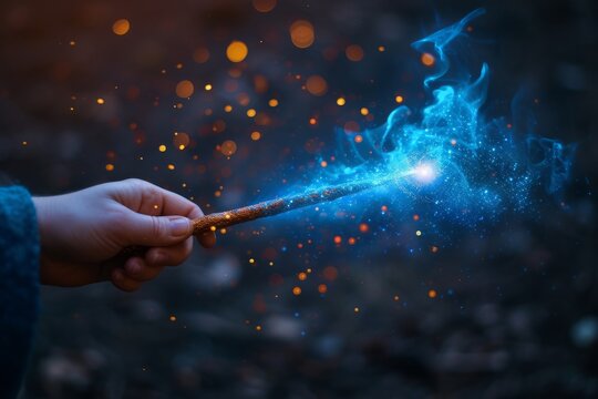 Wooden magic wand and blue light on mysterious dark background. Wizard holding magic stick, closeup view of hand. Generated AI