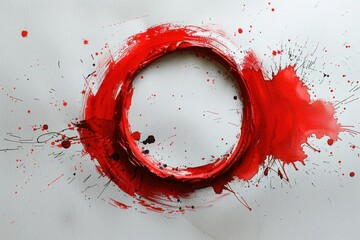 Red Watercolor Stain Ring on Glass Cup with Round Drops and Grunge Print Background