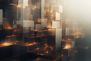 3d rendered abstract glowing cubes background with golden. Digital. And reflective surfaces. Creating a modern and futuristic art concept with seamless geometry and shiny light effects