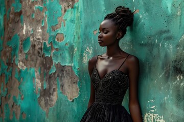Young woman with dreadlocks wearing elegant black dress posing with eyes closed against grunge wall