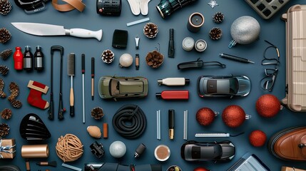 A flat lay composition featuring a variety of household items, including toy cars, holiday ornaments, and tools