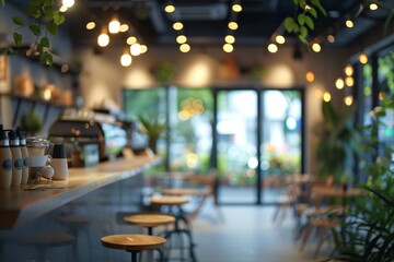 Cozy Modern Café with Warm Lighting and Greenery