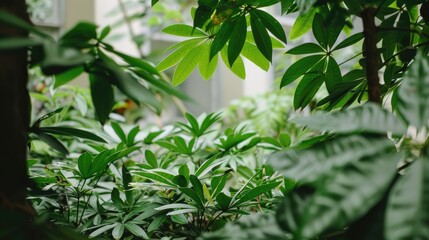 Obraz premium A close-up view of vibrant green leaves growing in a sunlit indoor garden