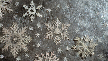 on a metallic rough background lie snowflakes winter time texture and snow