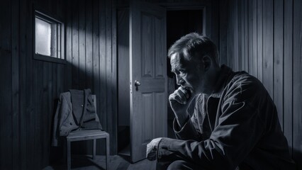 Obraz premium A man sitting in a chair with his hand on the chin, AI