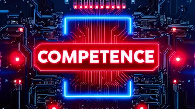 The video is of a blue circuit board with a red neon rectangle in the center, which has the word "COMPETENCE" written on it in white.