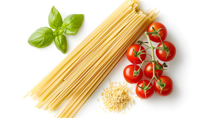 Italian cuisine concept - raw pasta and ingredients. Healthy vegetarian diet, isolated on white