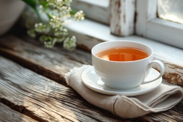 Fototapeta premium Hot tea in white cup on wooden table. Generated AI