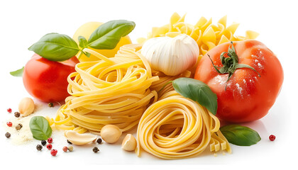 Italian cuisine concept - raw pasta and ingredients. Healthy vegetarian diet, isolated on white
