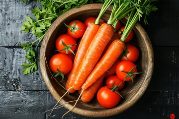 Fresh Carrots and Tomatoes in a Wooden Bowl on a Rustic Table
