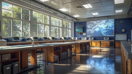 A wide shot of an empty classroom with large windows, wood-paneled walls, and a projection screen showing a map.
