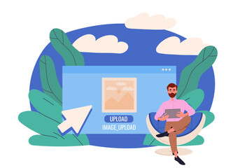 Man uploads image. Young guy with tablet uploads picture to cloud server or storage. Electronic archive. Files management at computer. Cartoon vector illustration isolated on white background