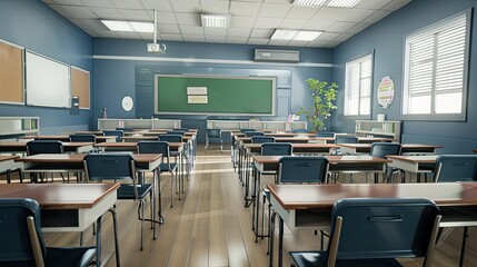 A bright, spacious classroom with white tables and chairs set up in rows. Large windows with white blinds let in natural light