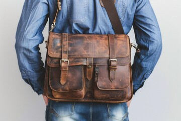 Stylish Brown Leather Messenger Bag with Multiple Pockets