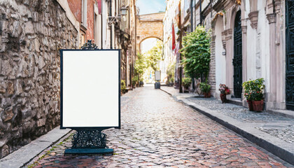 Outdoor mockup of a blank information poster on patterned paving-stone; an empty vertical street...