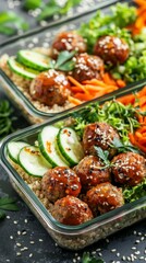A close-up image of a meal prep container with quinoa, meatballs, cucumber, and lettuce