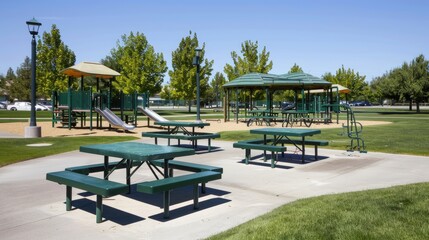 A playground structure with slides and climbing features in a park with green grass and trees