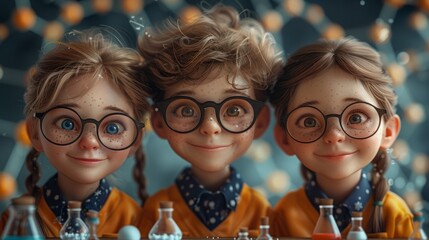 Three young children with glasses smile happily as they look at a science experiment in front of them.