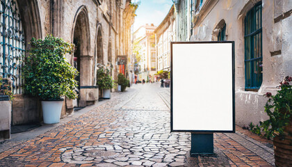 Outdoor mockup of a blank information poster on patterned paving-stone; an empty vertical street...