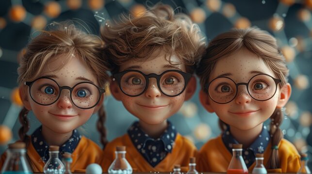 Three young children with glasses smile happily as they look at a science experiment in front of them.
