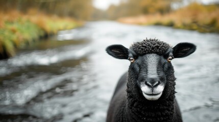 Fototapeta premium A breathtaking and clear photo of a black sheep near a tranquil, flowing river, focus cover all object