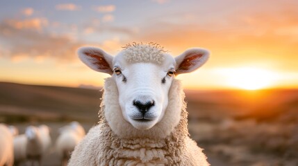 Fototapeta premium A breathtaking and detailed photo of a white sheep under a dramatic sunset sky, focus cover all object