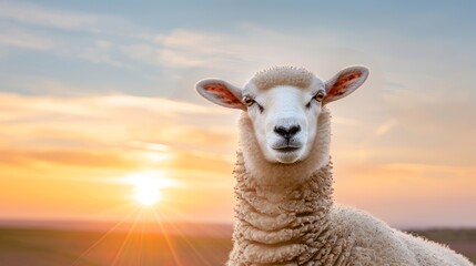 Fototapeta premium A breathtaking and detailed photo of a white sheep under a dramatic sunset sky, focus cover all object