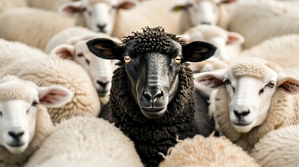 Obraz premium A charming and clear image of a black sheep surrounded by white sheep in a peaceful meadow, focus cover all object