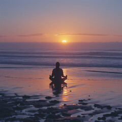 a person meditating on a beach at sunrise / sunset
