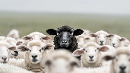 A charming and clear image of a black sheep surrounded by white sheep in a peaceful meadow, focus cover all object