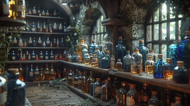An image of various potion bottles filled with glowing liquids on wooden shelves inside a stone building.
