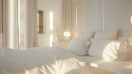 A close-up of a modern bedroom with minimalist decor with white walls, furniture and soft lighting in a boutique hotel.