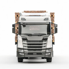 Modern truck from the front loaded with bricks, hyperrealistic, white background