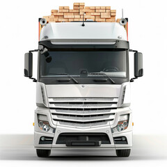 Modern truck from the front loaded with bricks, hyperrealistic, white background