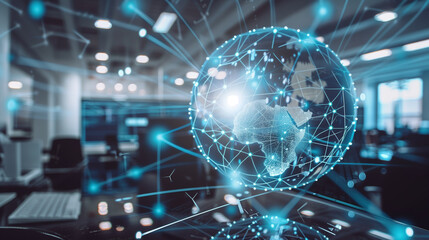 Obraz premium A digital sphere with visible network connections, superimposed on the background of an office space, reflects the global reach of modern technologies.