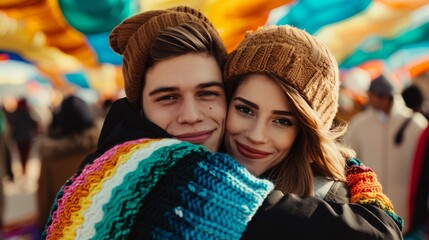 A colorful and crisp photo of two people hugging in a culturally rich festival setting, focus cover all object