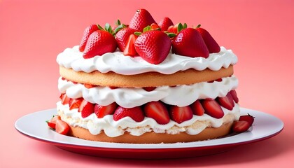 A slice of strawberry shortcake on a red plate. The cake has layers of sponge cake, fresh strawberries, and whipped cream. The top is decorated with whole strawberries