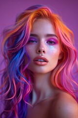 Fototapeta premium Vibrant portrait of a young woman with colorful rainbow hair and bold makeup, set against a soft purple background.
