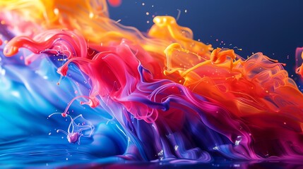 Vibrant splash of multicolored paint creating a wave effect with a dynamic blend of blue, pink, orange, and yellow against a smooth background.