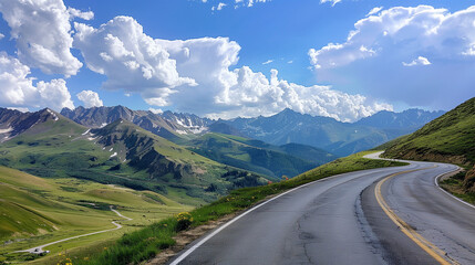Fototapeta premium A picturesque road winding through the mountains under a clear sky with fluffy clouds in the background. This view exudes peace and beauty of nature, inviting you to travel through the landscape.