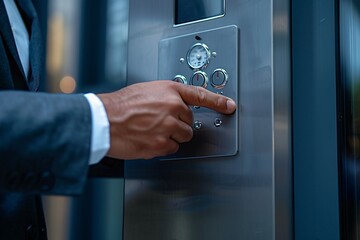 Businessman Pressing Elevator Button in Modern Office Building