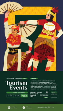 Tourism event layout with indonesian culture Yogyakarta dancer flat illustration